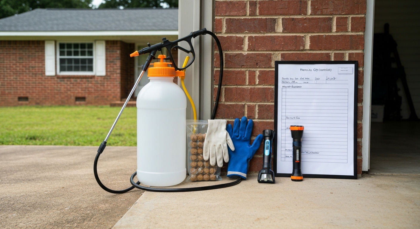 Pest control equipment and safety notes for a Phenix City home