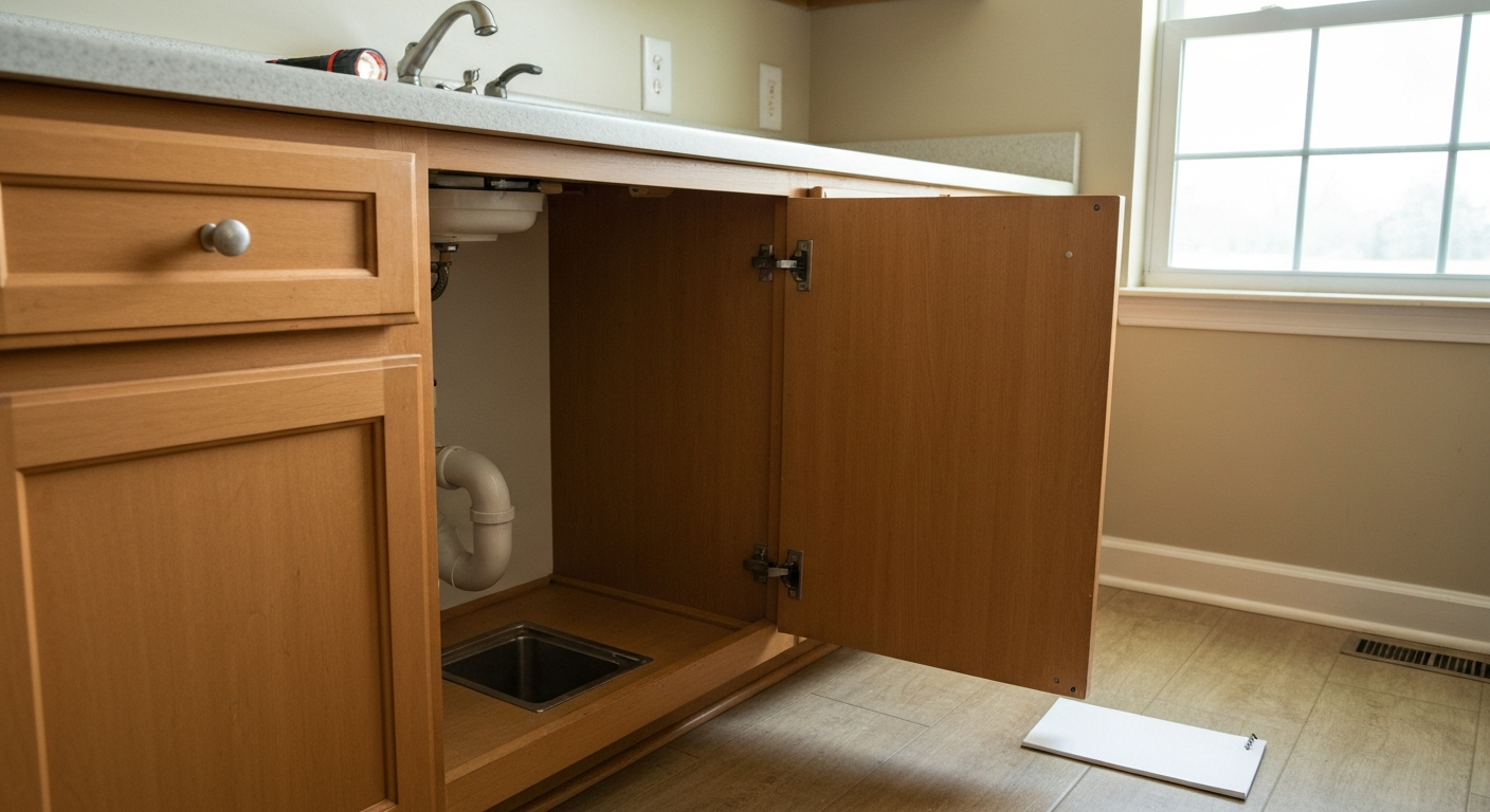 Kitchen cabinet and sink access area prepared for pest inspection notes
