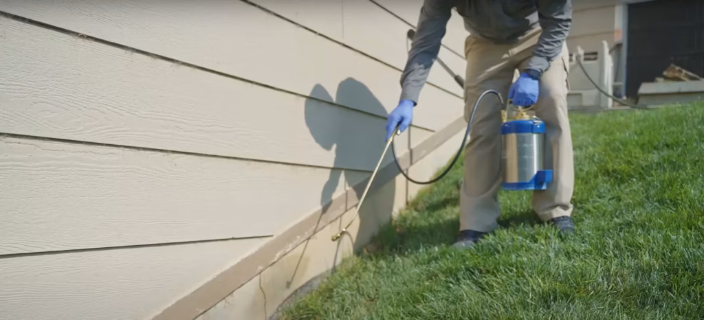 Professional performing perimeter pest control services in Phenix City around house foundation.