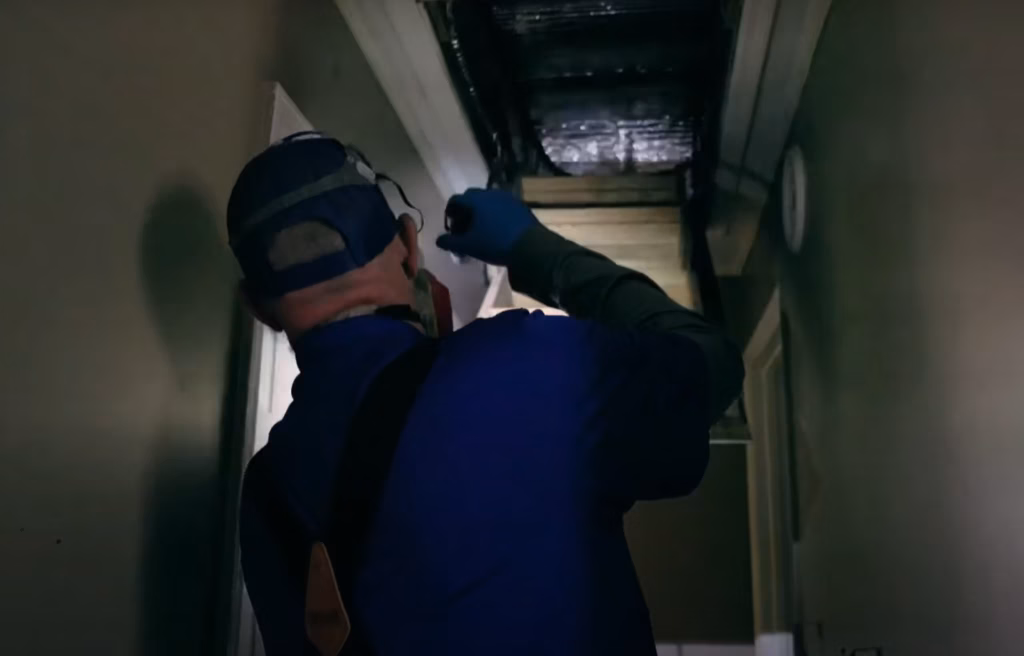 Pest control services in Phenix City technician inspecting attic with flashlight.